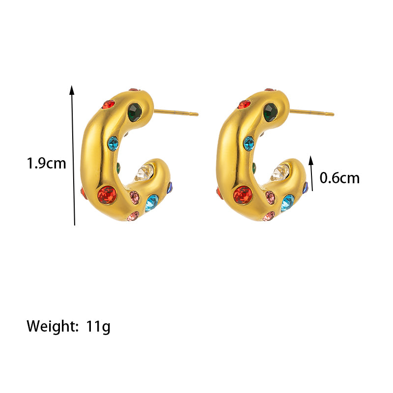 1 pair retro commute c shape color block plating inlay titanium steel artificial rhinestones 18k gold plated ear studs