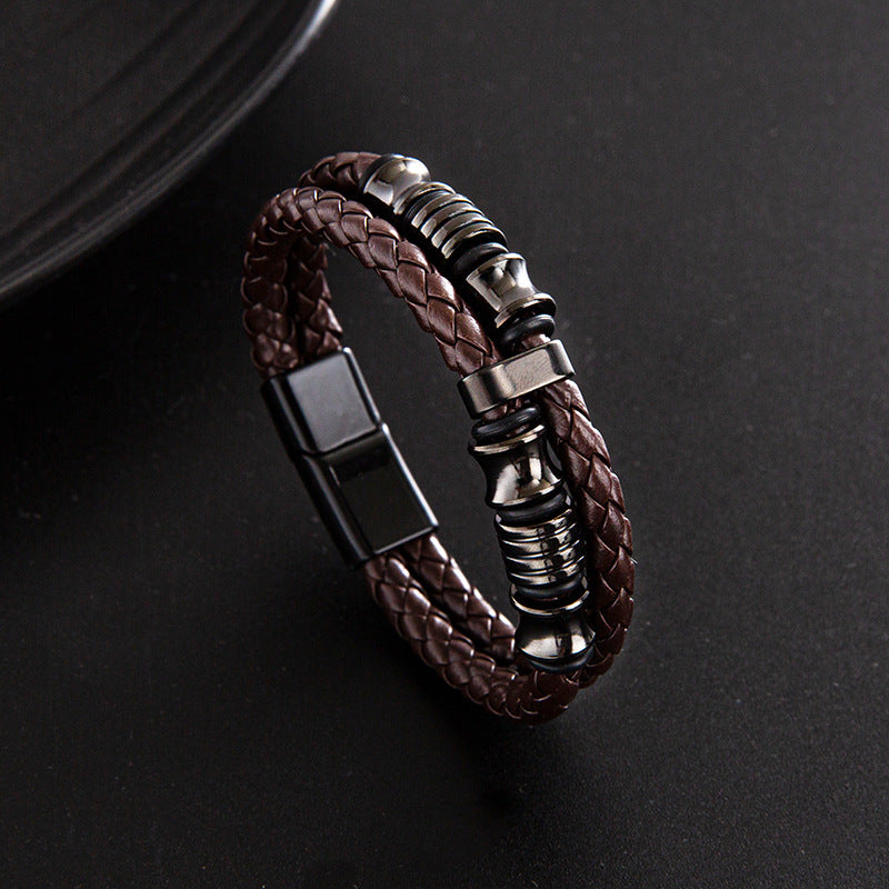 Punk solid color stainless steel pu leather men's wristband