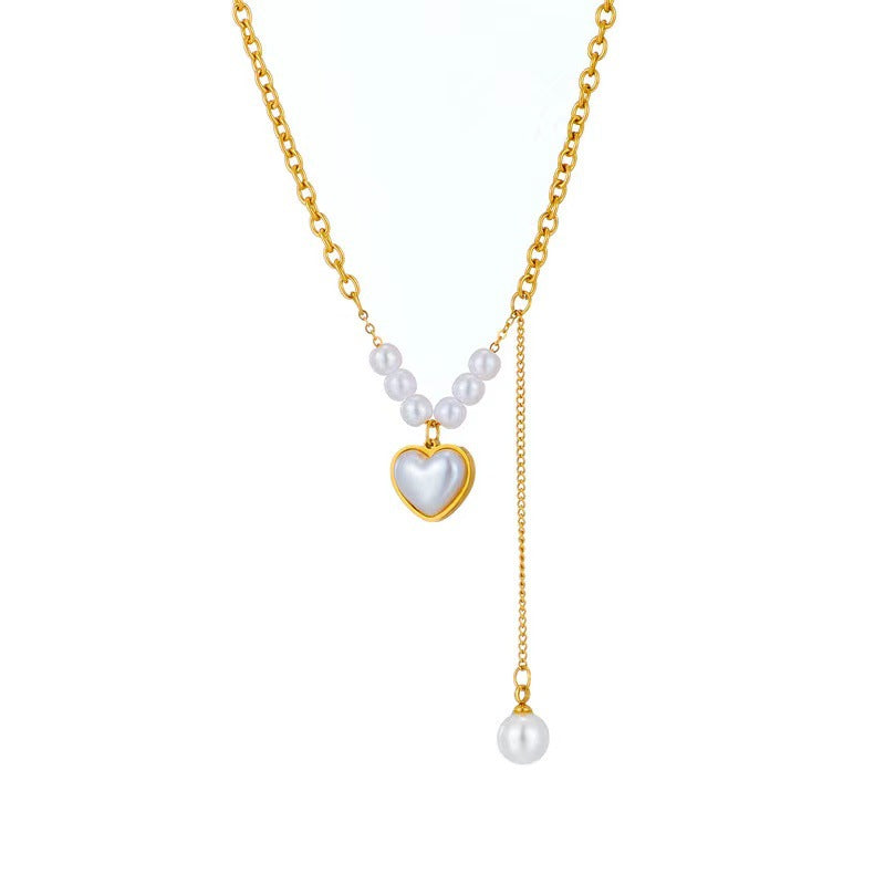 sweet tassel heart shape freshwater pearl titanium steel plating necklace
