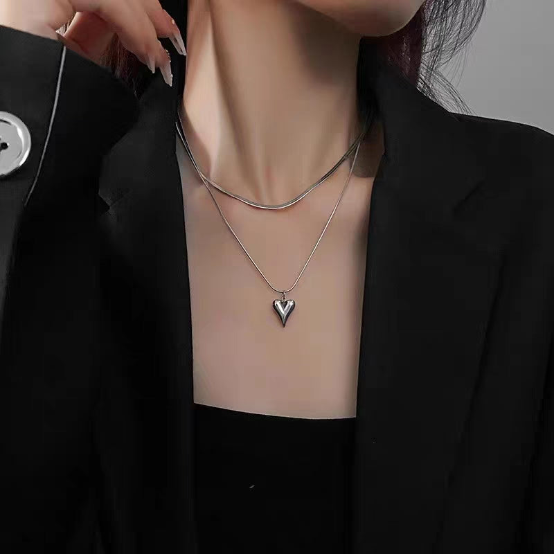 Sweet cool style heart shape stainless steel double layer necklaces