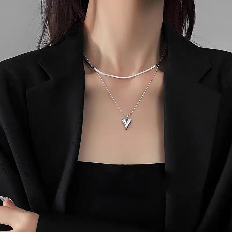 Sweet cool style heart shape stainless steel double layer necklaces