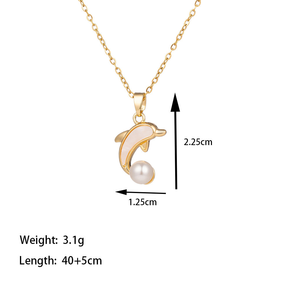 Titanium Steel 18K Gold Plated Casual Simple Style Commute Polishing Inlay Starfish Dolphin Flower Artificial Rhinestones Pearl Pendant Necklace