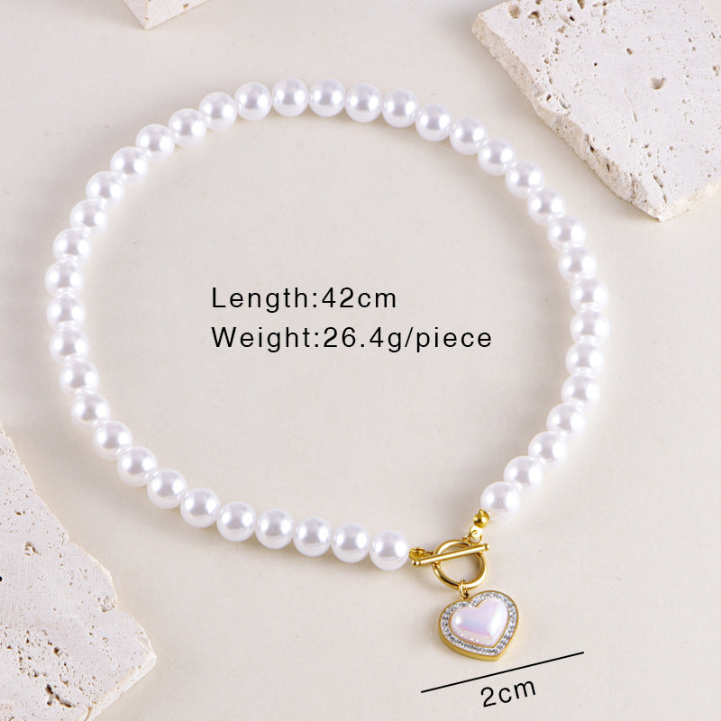 Sweet Simple Style Heart Shape Bow Knot Pearl Zircon Imitation Pearl Titanium Steel  Necklace