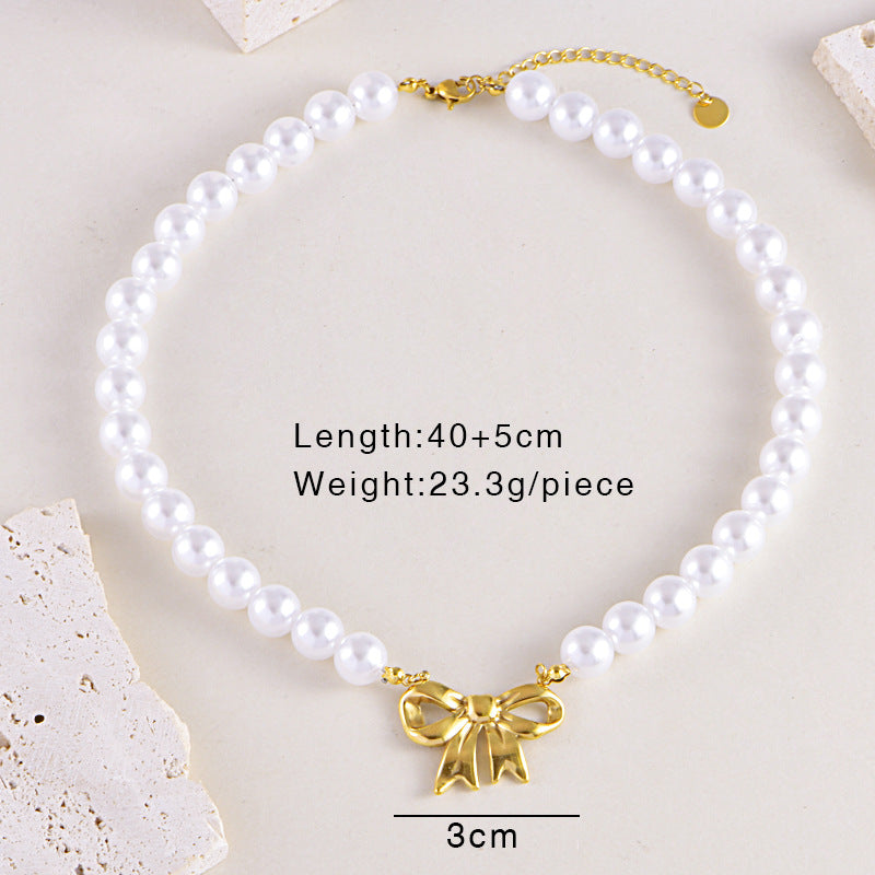 Sweet Simple Style Heart Shape Bow Knot Pearl Zircon Imitation Pearl Titanium Steel  Necklace