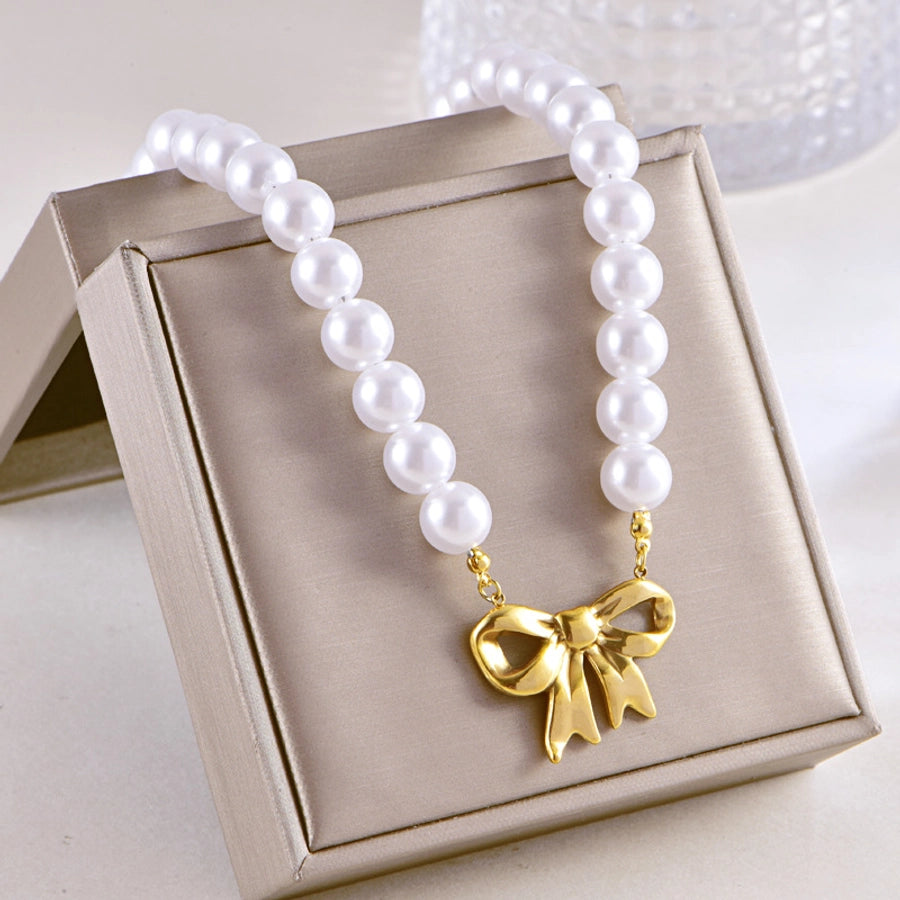 Sweet Simple Style Heart Shape Bow Knot Pearl Zircon Imitation Pearl Titanium Steel  Necklace