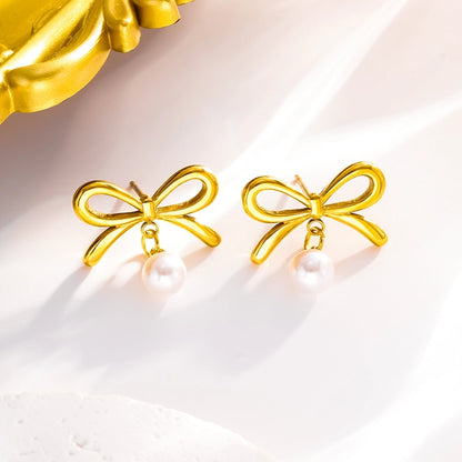 304 Stainless Steel 18K Gold Plated Elegant Lady Simple Style Inlay Bow Knot Artificial Pearls Earrings Necklace