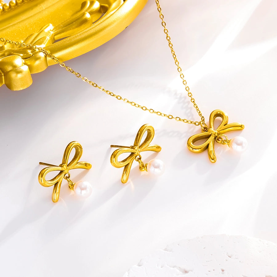 304 Stainless Steel 18K Gold Plated Elegant Lady Simple Style Inlay Bow Knot Artificial Pearls Earrings Necklace