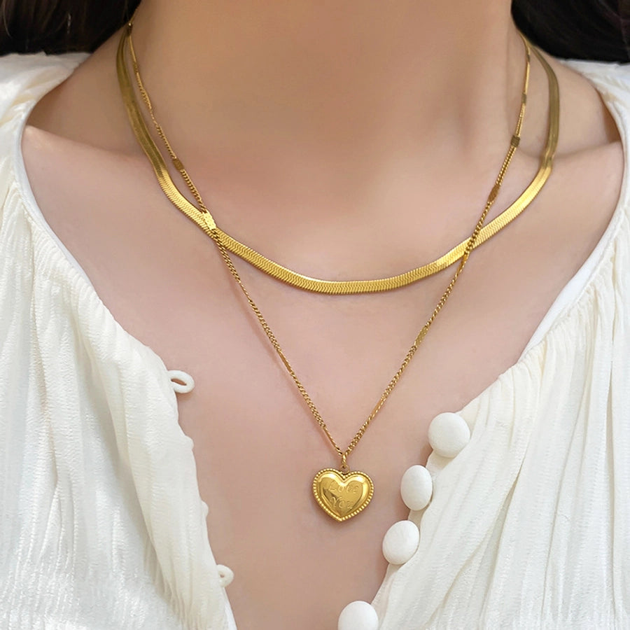 Elegant basic streetwear heart shape titanium steel plating layered necklaces