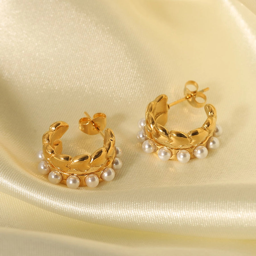 1 Pair IG Style Nordic Style C Shape Heart Shape Inlay Stainless Steel Pearl 18K Gold Plated Ear Studs