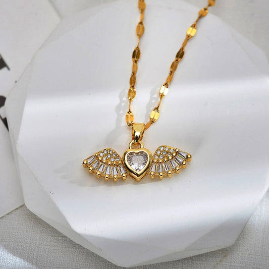 Jewelry Sweet Wings Bow Knot Titanium Steel Copper Zircon Gold Plated Inlay Pendant Necklace