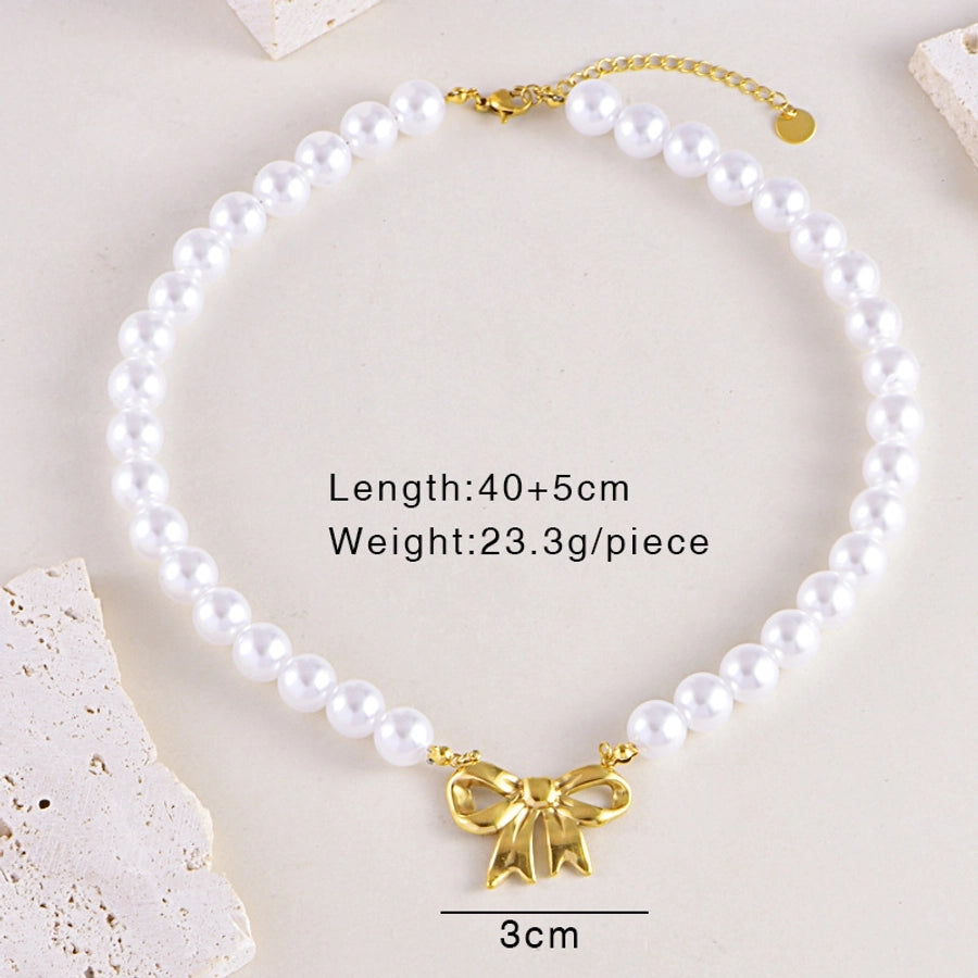 Sweet Simple Style Heart Shape Bow Knot Pearl Zircon Imitation Pearl Titanium Steel  Necklace