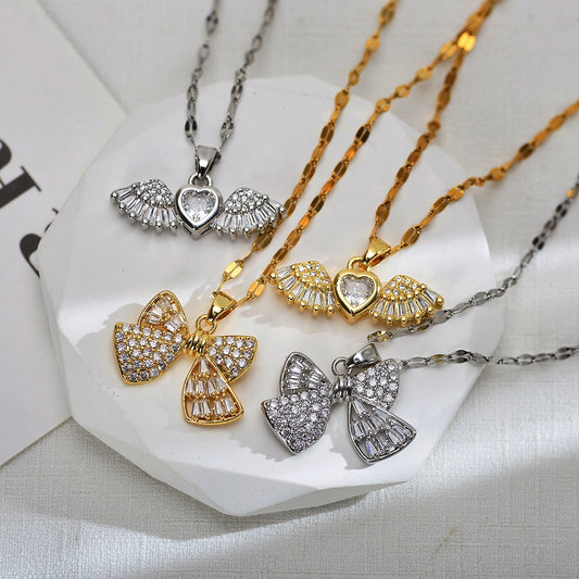 Jewelry Sweet Wings Bow Knot Titanium Steel Copper Zircon Gold Plated Inlay Pendant Necklace