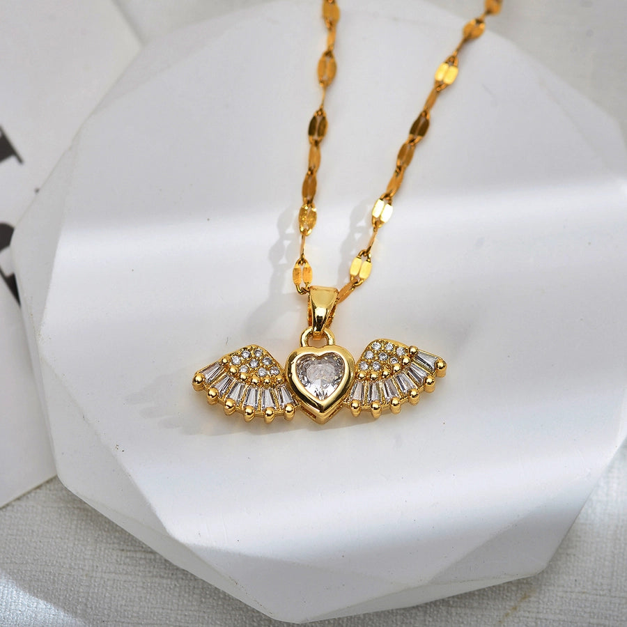 Jewelry Sweet Wings Bow Knot Titanium Steel Copper Zircon Gold Plated Inlay Pendant Necklace