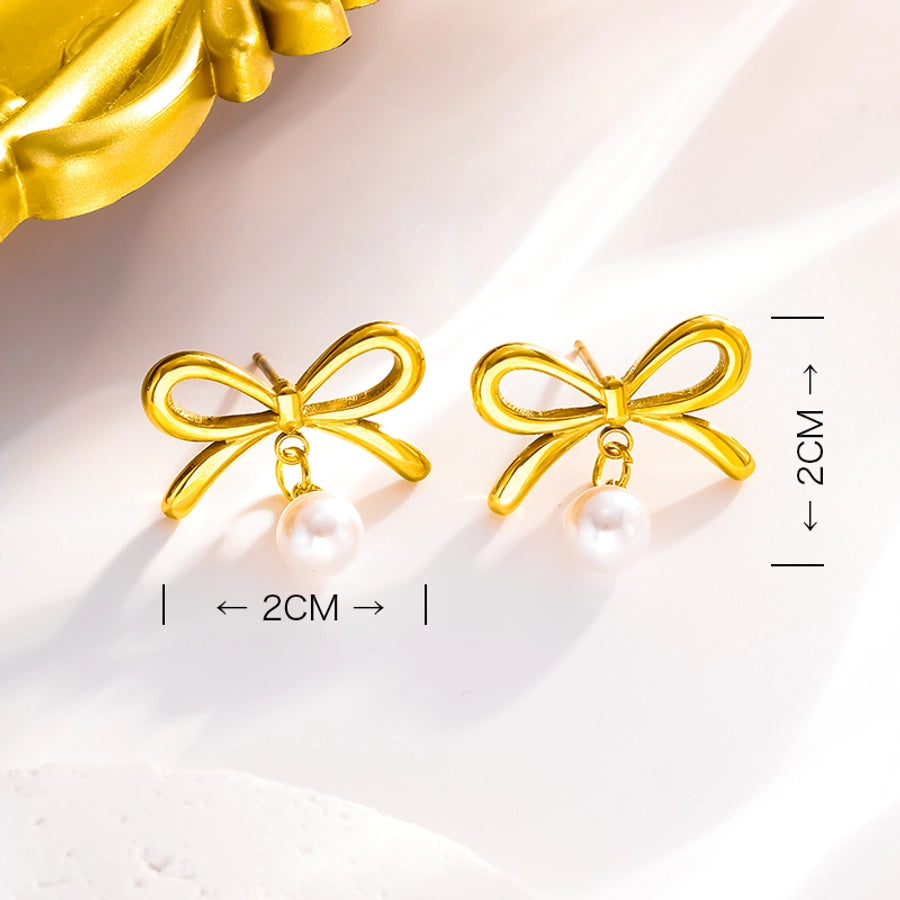 304 Stainless Steel 18K Gold Plated Elegant Lady Simple Style Inlay Bow Knot Artificial Pearls Earrings Necklace