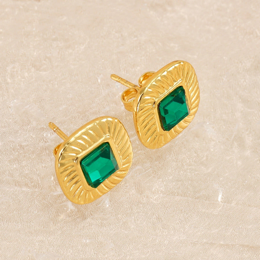 1 Pair Lady Square Polishing Inlay 304 Stainless Steel Glass 18K Gold Plated Ear Studs