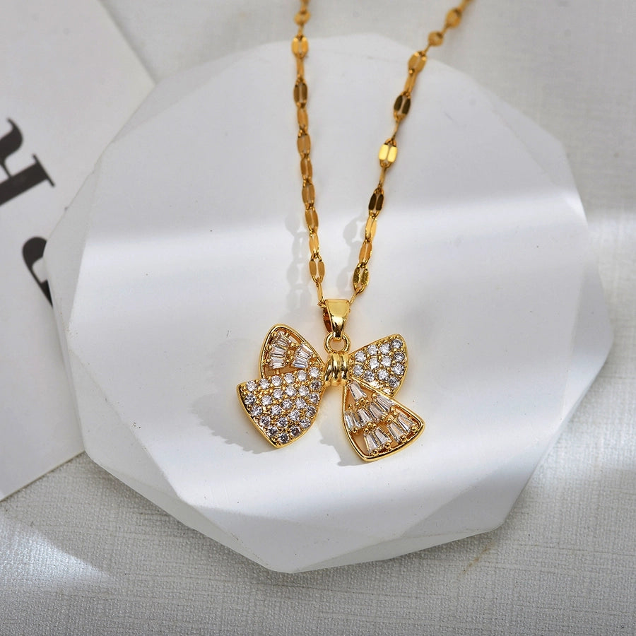 Jewelry Sweet Wings Bow Knot Titanium Steel Copper Zircon Gold Plated Inlay Pendant Necklace