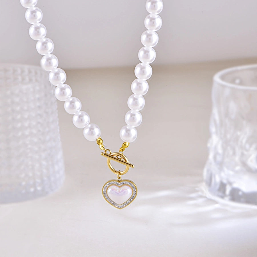 Sweet Simple Style Heart Shape Bow Knot Pearl Zircon Imitation Pearl Titanium Steel  Necklace