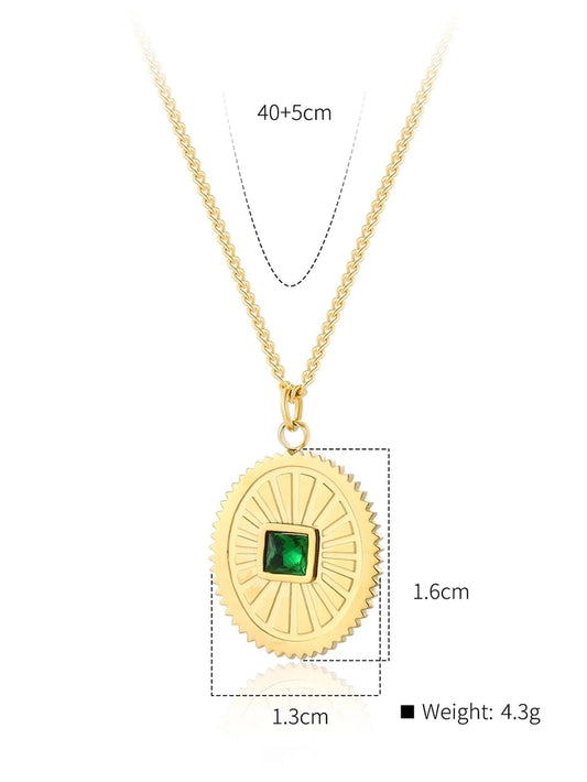 Stainless Steel 18K Gold Plated Retro Inlay Sun Oval Natural Stone Zircon Pendant Necklace