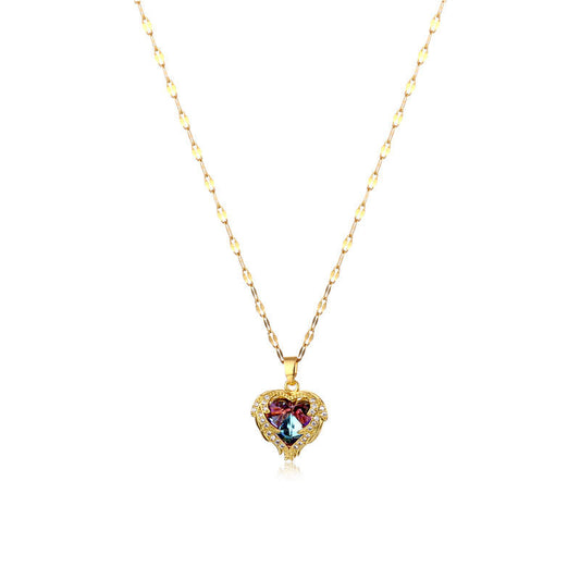 Elegant heart shape titanium steel copper plating inlay artificial diamond pendant necklace