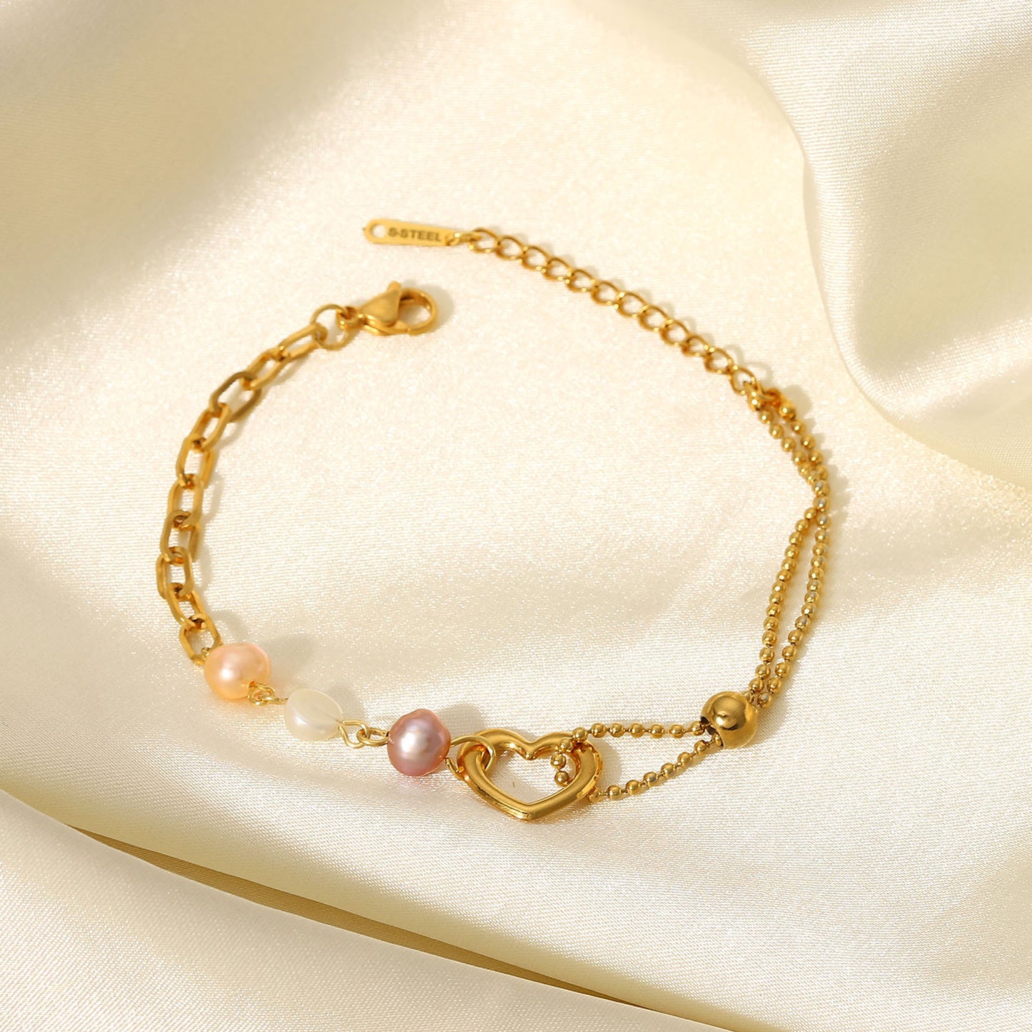 Fashion geometric color pearl stainless steel heart pearl bracelet