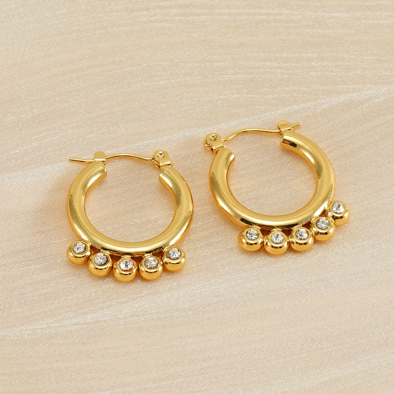 1 pair business simple style round polishing plating inlay stainless steel titanium steel rhinestones zircon 18k gold plated earrings