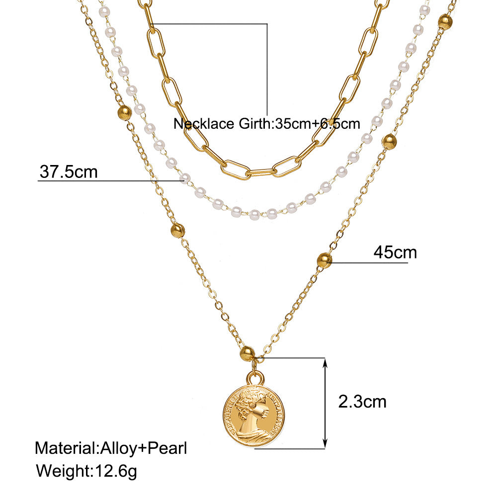 Clavicle chain trendy temperament portrait coin chain pearl three-layer necklace