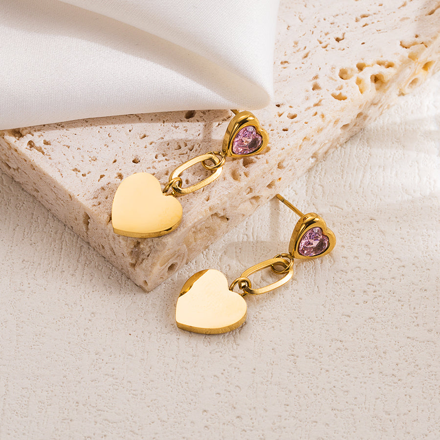 1 pair elegant sweet heart shape plating stainless steel zircon 18k gold plated drop earrings