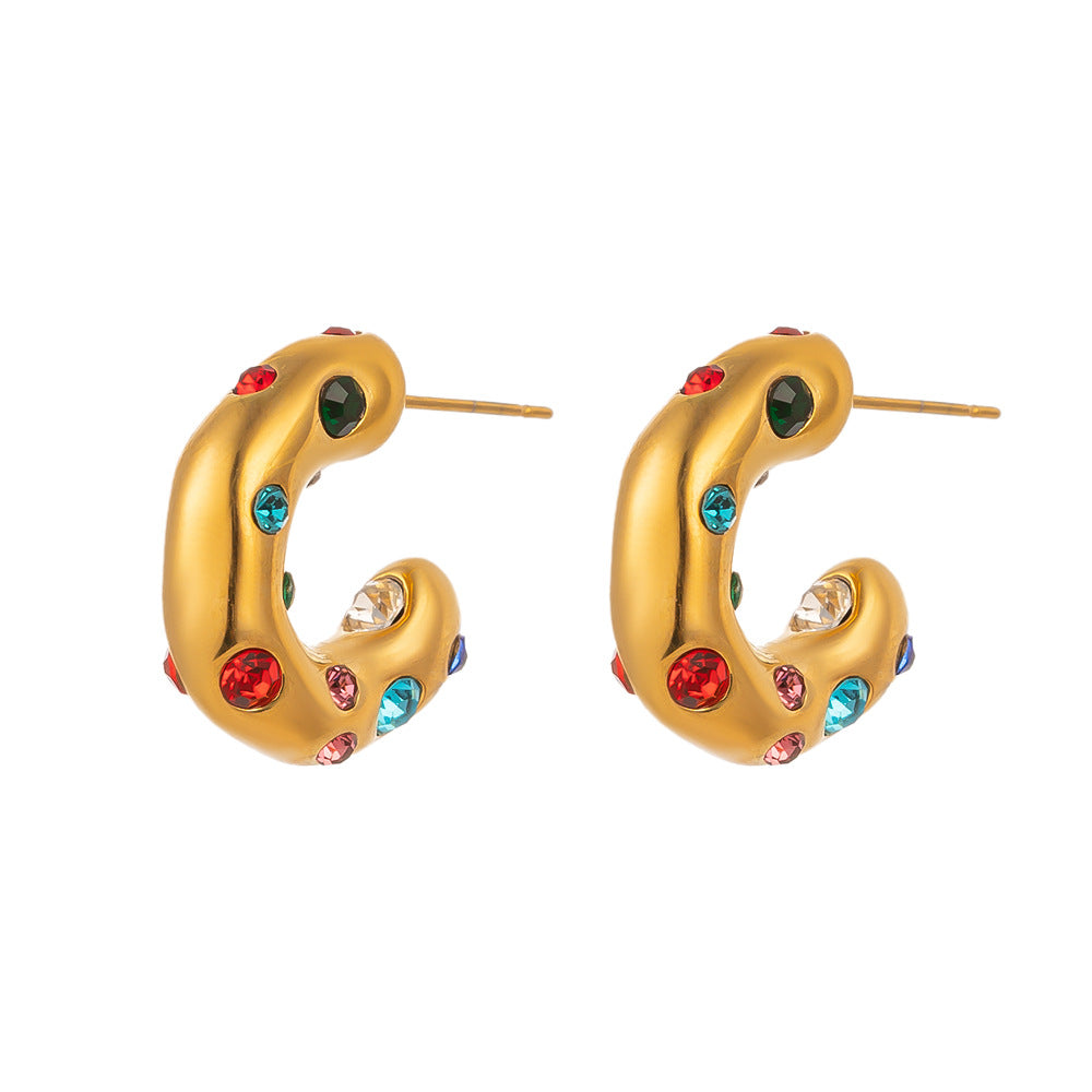 1 pair retro commute c shape color block plating inlay titanium steel artificial rhinestones 18k gold plated ear studs