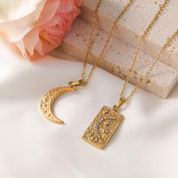 elegant vintage style french style star moon stainless steel plating inlay zircon 18k gold plated pendant necklace