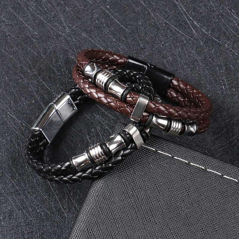 Punk solid color stainless steel pu leather men's wristband