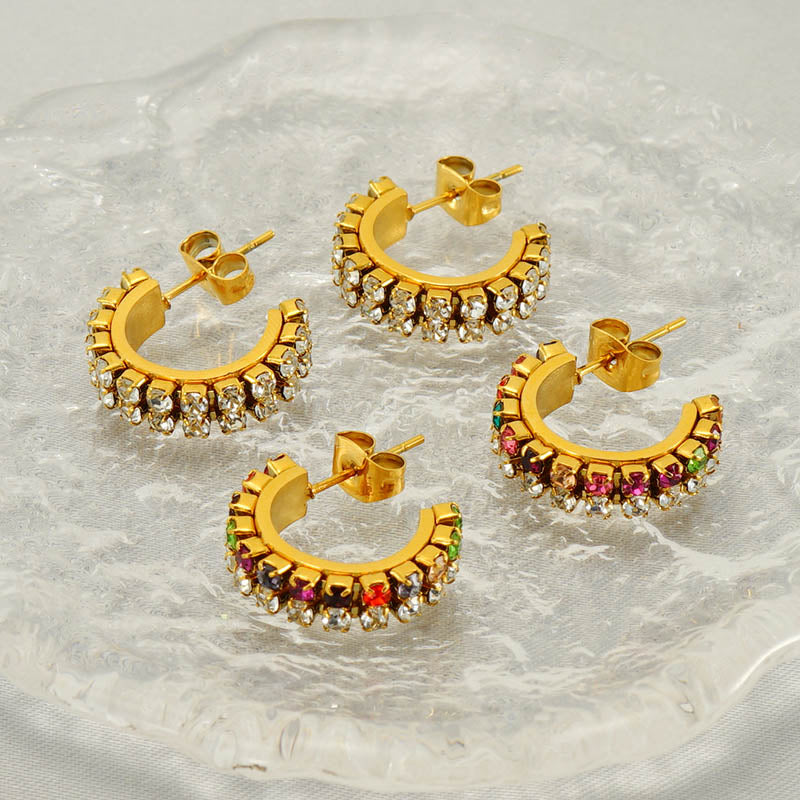 1 pair elegant lady c shape plating inlay stainless steel zircon 18k gold plated ear studs