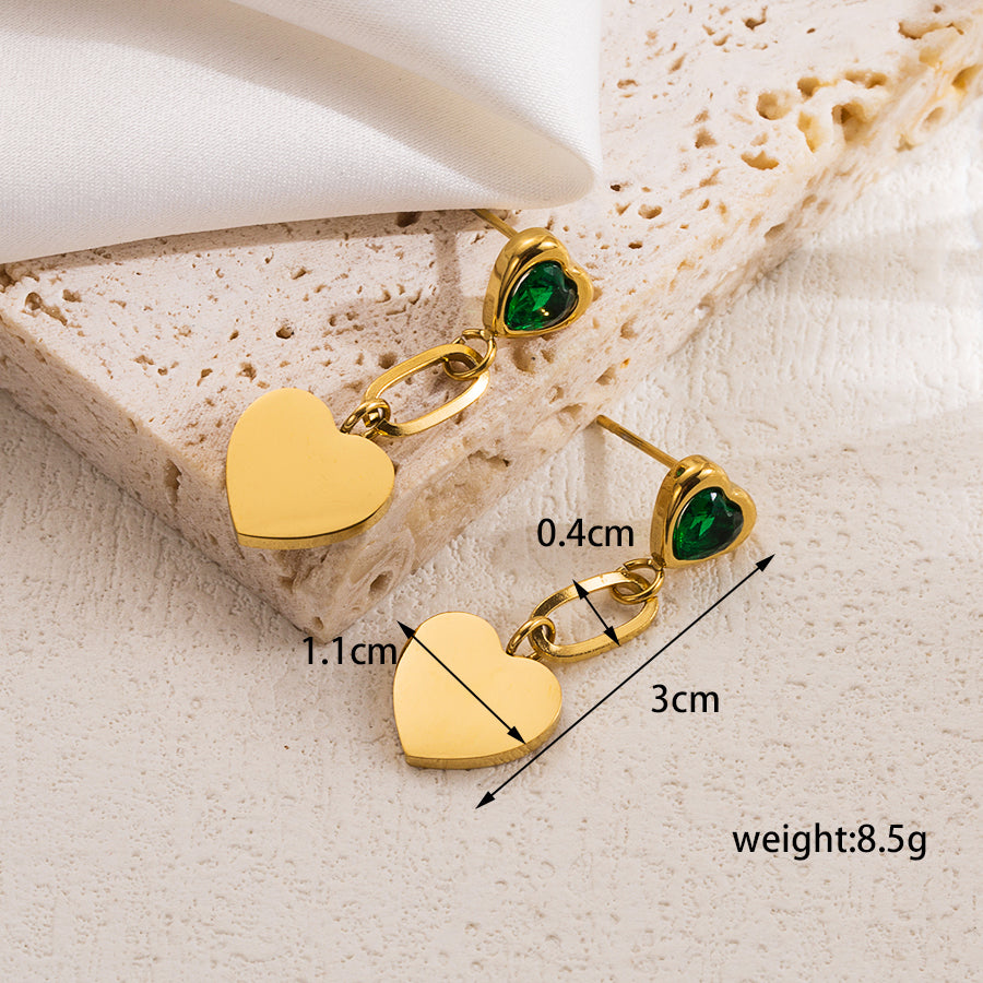 1 pair elegant sweet heart shape plating stainless steel zircon 18k gold plated drop earrings