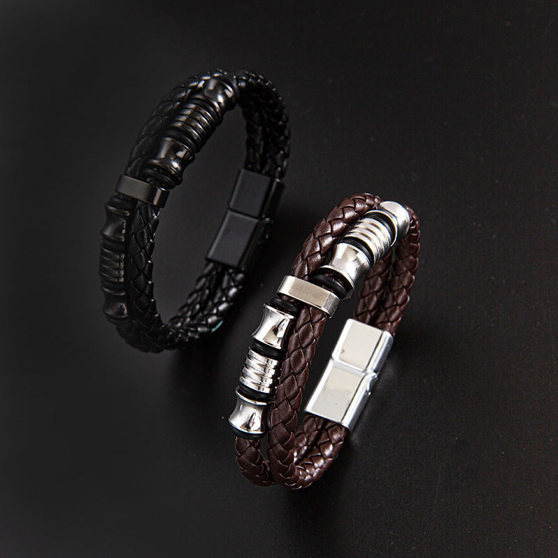 Punk solid color stainless steel pu leather men's wristband