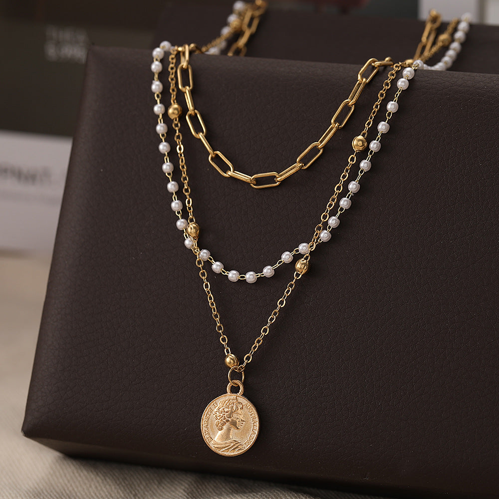 Clavicle chain trendy temperament portrait coin chain pearl three-layer necklace