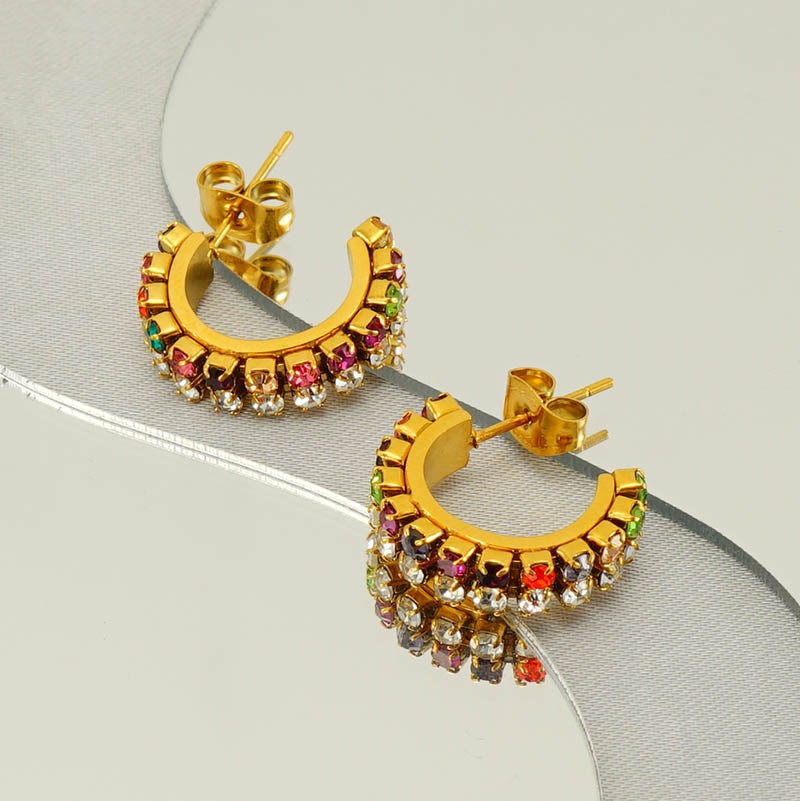 1 pair elegant lady c shape plating inlay stainless steel zircon 18k gold plated ear studs