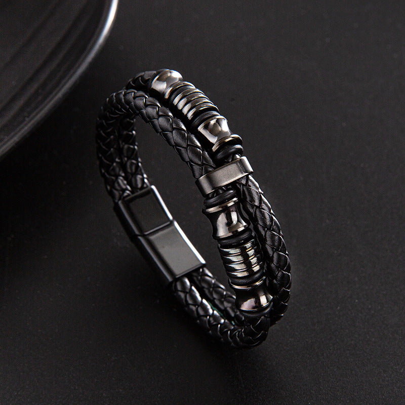 Punk solid color stainless steel pu leather men's wristband