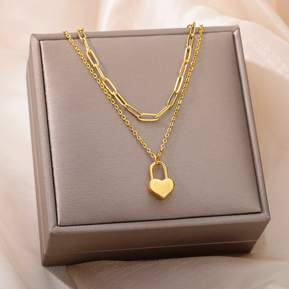 Simple style heart shape stainless steel chain 18k gold plated double layer necklaces