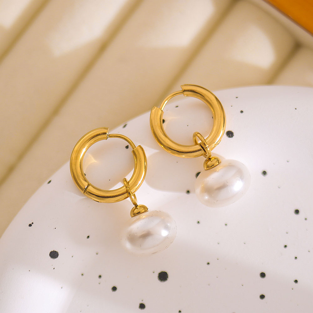 1 pair elegant round plating inlay stainless steel artificial pearls 18k gold plated drop earrings