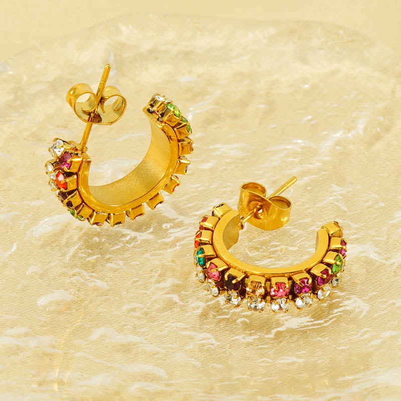 1 pair elegant lady c shape plating inlay stainless steel zircon 18k gold plated ear studs