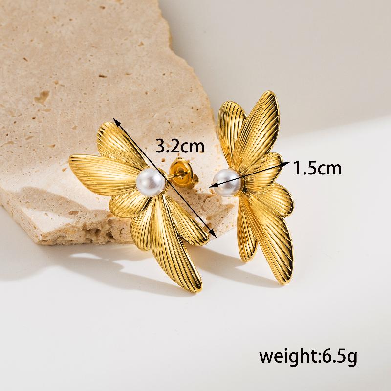 1 pair ig style simple style leaves plating inlay stainless steel artificial pearls 14k gold plated ear studs