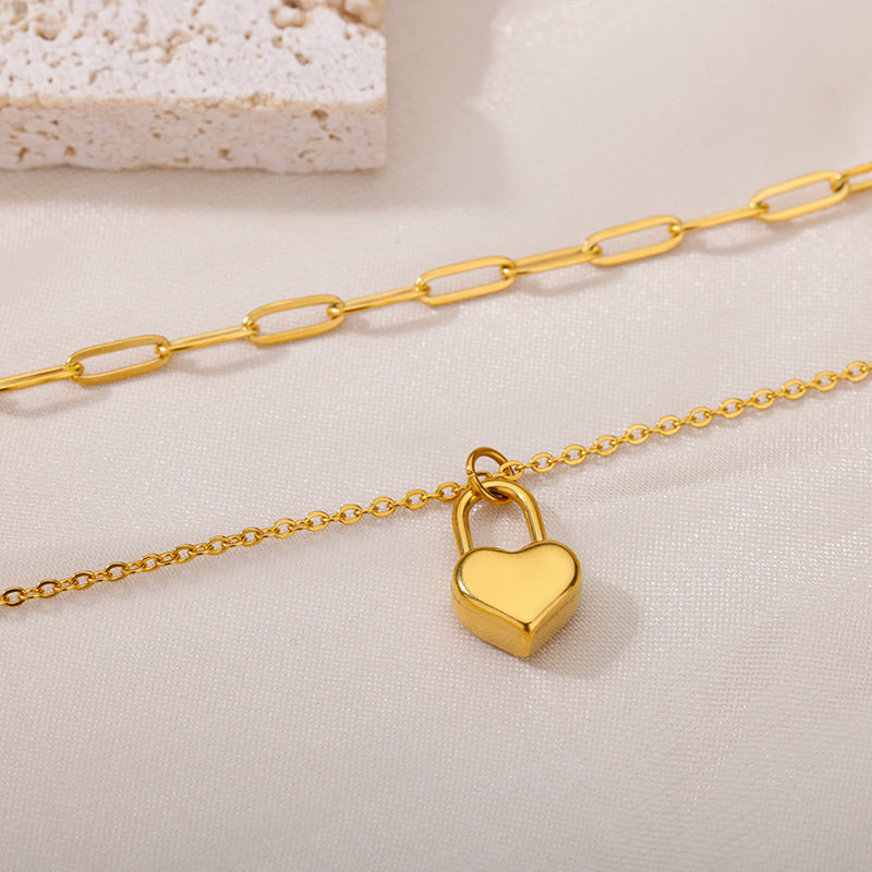 Simple style heart shape stainless steel chain 18k gold plated double layer necklaces