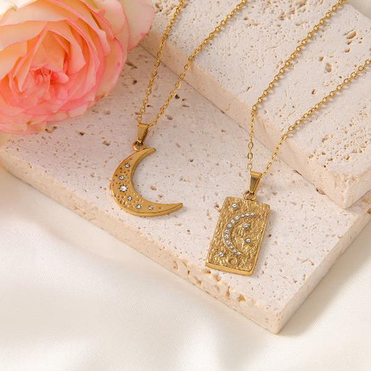 elegant vintage style french style star moon stainless steel plating inlay zircon 18k gold plated pendant necklace