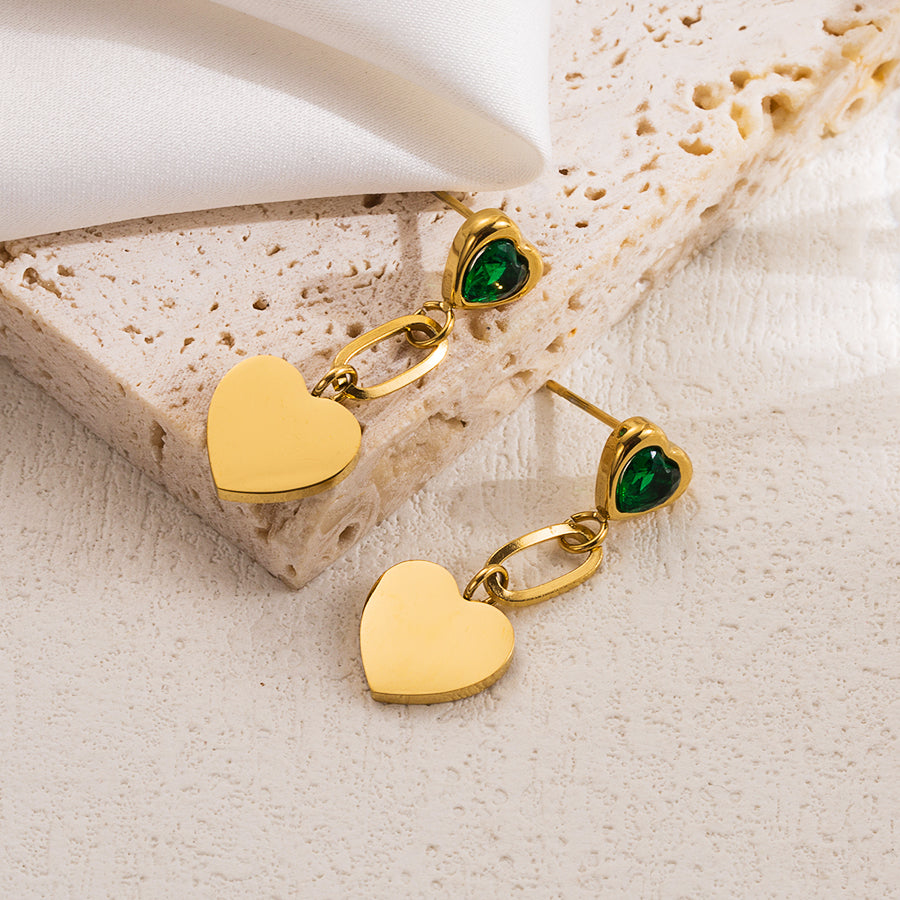 1 pair elegant sweet heart shape plating stainless steel zircon 18k gold plated drop earrings