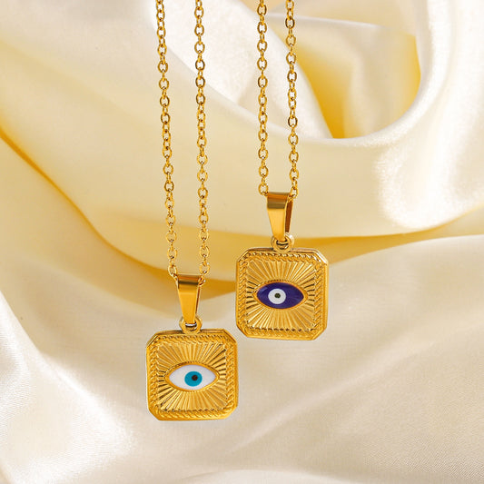 Casual devil's eye square stainless steel enamel plating 18k gold plated necklace