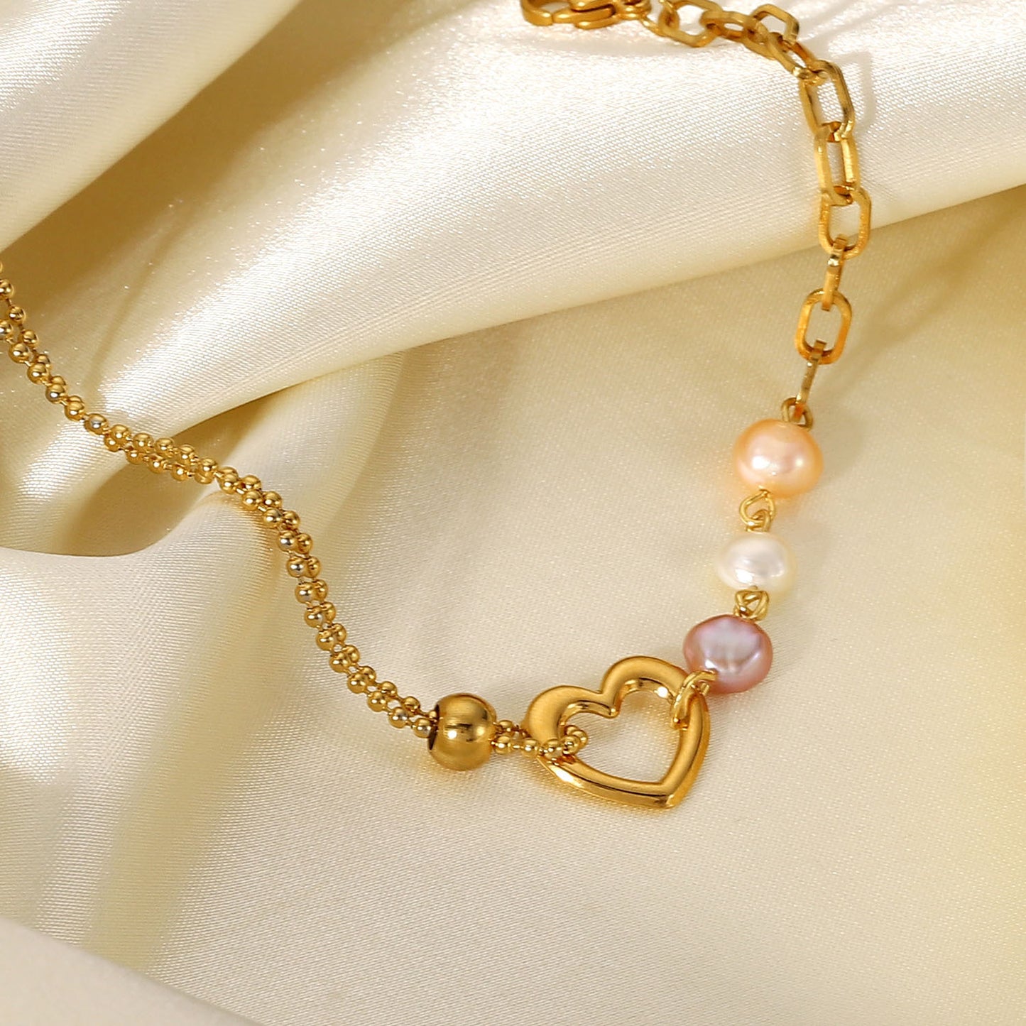 Fashion geometric color pearl stainless steel heart pearl bracelet