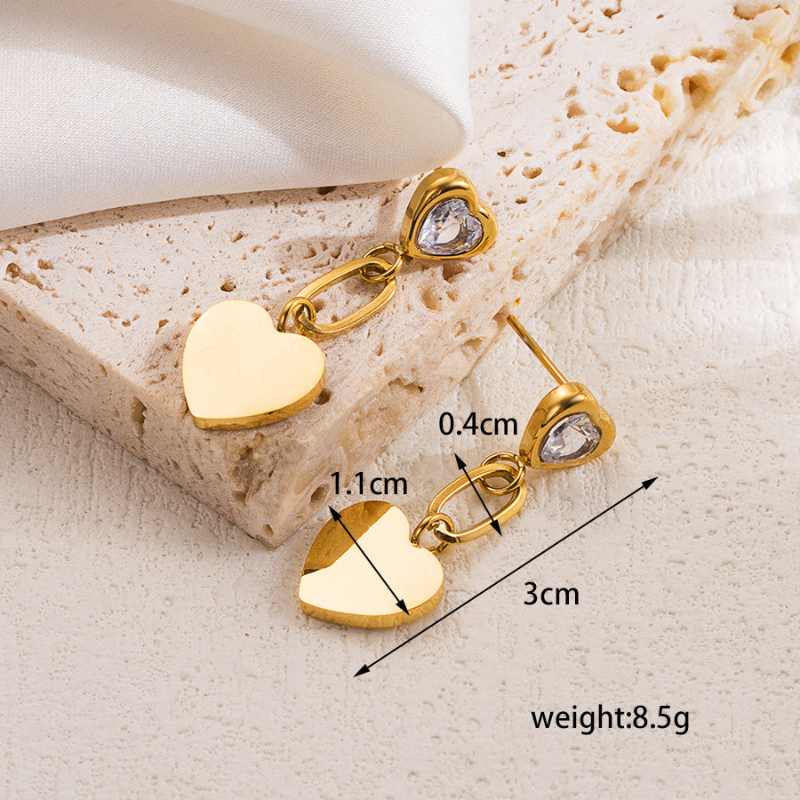 1 pair elegant sweet heart shape plating stainless steel zircon 18k gold plated drop earrings