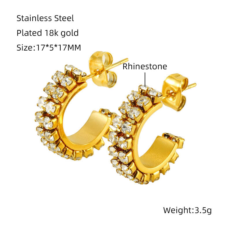 1 pair elegant lady c shape plating inlay stainless steel zircon 18k gold plated ear studs