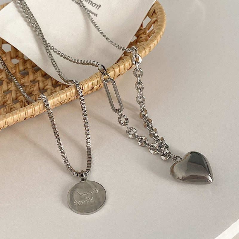 elegant streetwear heart shape titanium steel layered necklaces