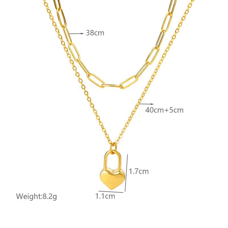 Simple style heart shape stainless steel chain 18k gold plated double layer necklaces