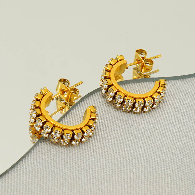 1 pair elegant lady c shape plating inlay stainless steel zircon 18k gold plated ear studs